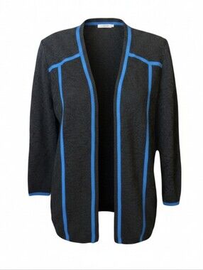 Ming Wang open front black textured knit cardigan with turquoise blue trim Sz XL